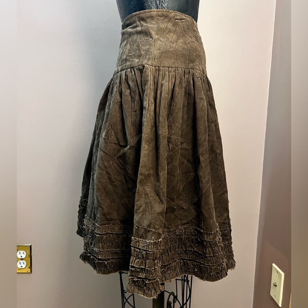 Y2K Forever 21 Brown Corduroy Ruffle Sequin Midi A-line Skirt 100% Cotton Size L - Picture 2 of 8